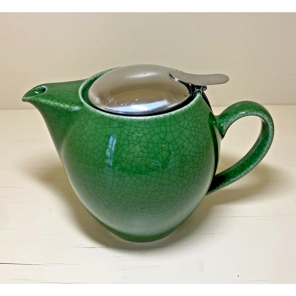 NWOT Zero Japan Universal Teapot Crackle Green Ceramic w/Metal Lid 6.5"W x 4.5"H